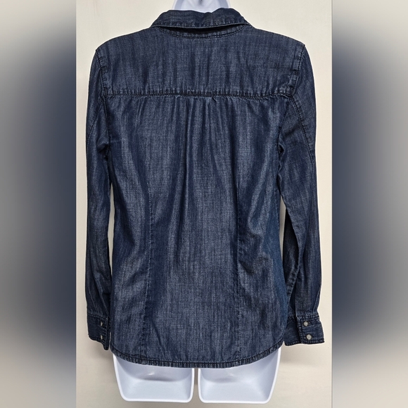 INC 6 Blue Denim Long Sleeve Button Down Shirt Top Collared V Neck Pockets - Picture 3 of 5